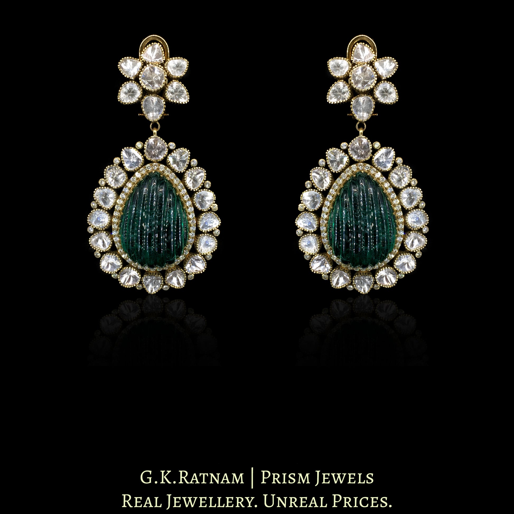 14K Gold And Diamond Polki Long Earrings With Lab Grown Emerald - G. K. Ratnam