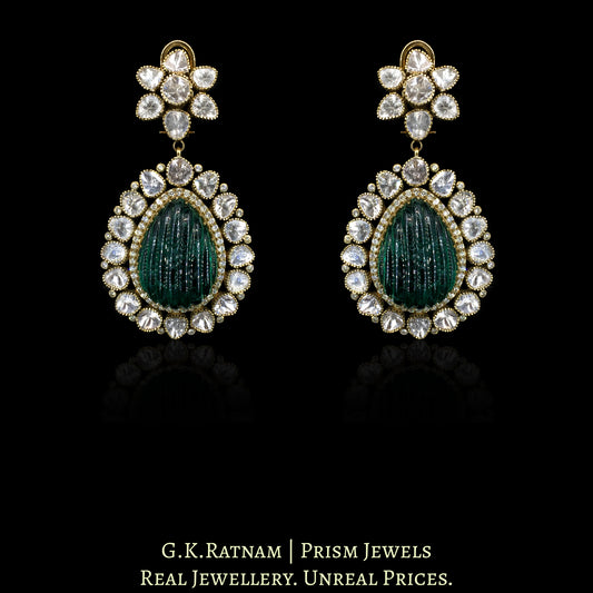14K Gold And Diamond Polki Long Earrings With Lab Grown Emerald - G. K. Ratnam