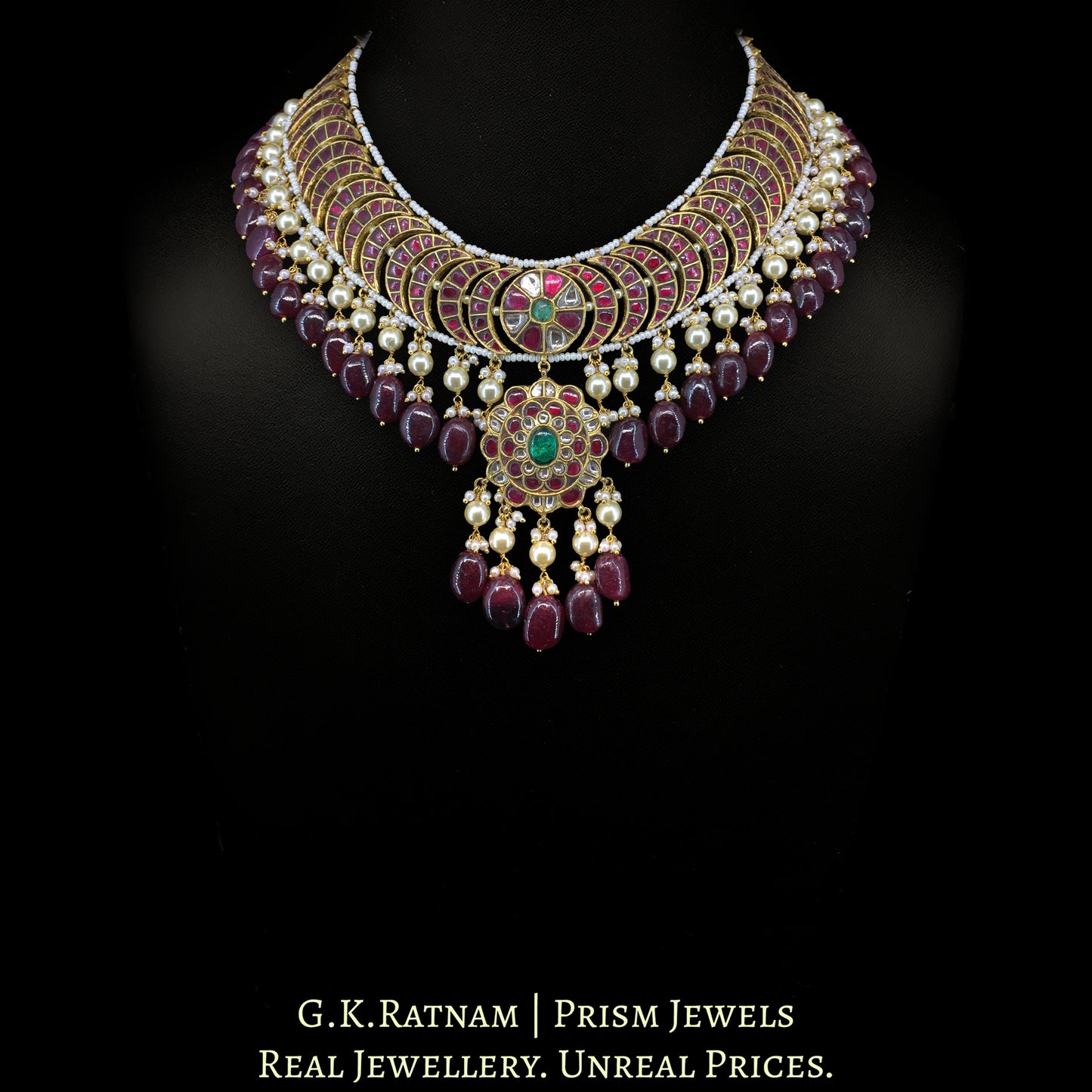 23K Gold And Diamond Polki South Style Necklace With Rubies And Pearls - G. K. Ratnam