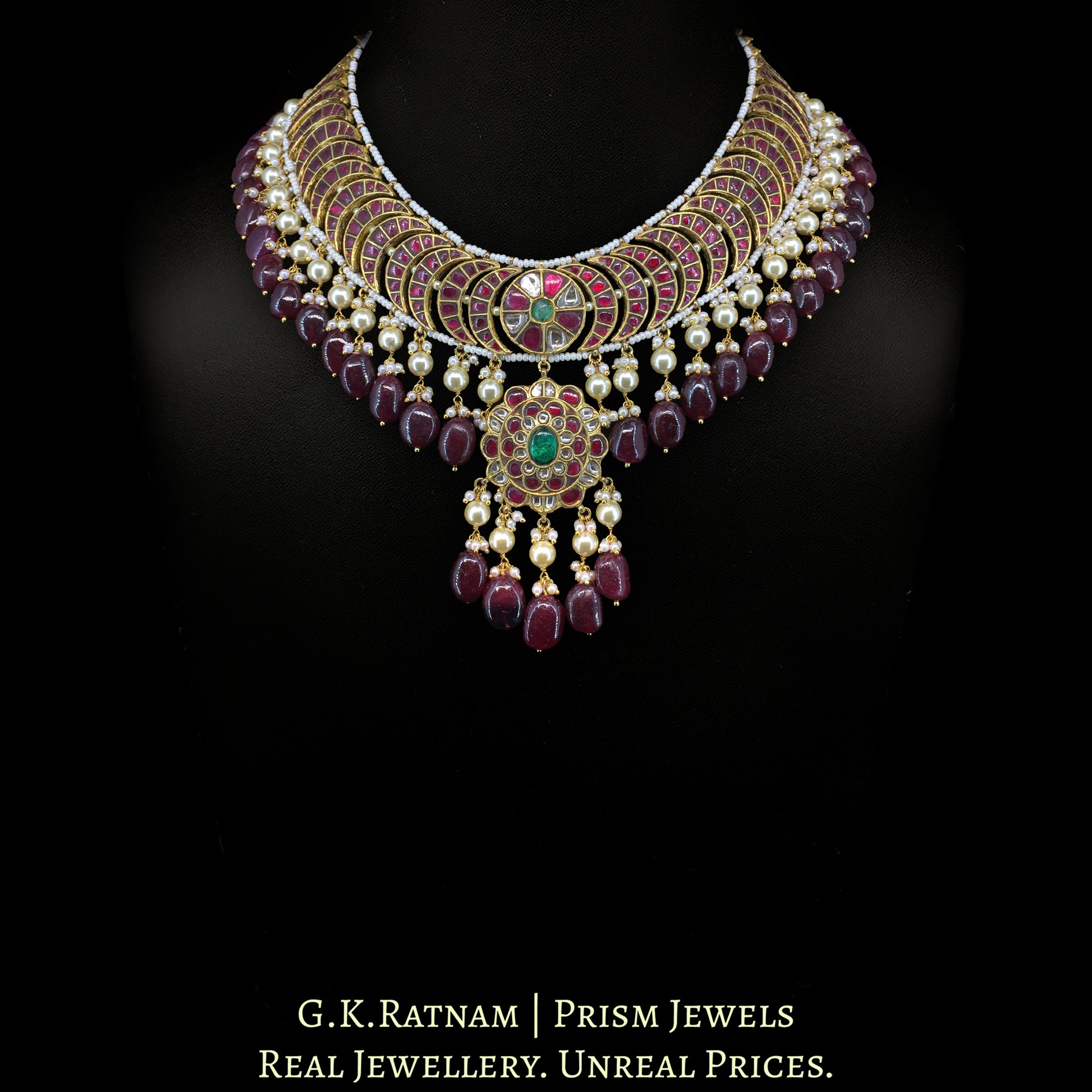 23K Gold And Diamond Polki South Style Necklace With Rubies And Pearls - G. K. Ratnam