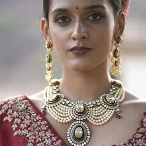 14k Gold and Diamond Polki Open Setting multi-purpose detachable Necklace in Victorian Finish