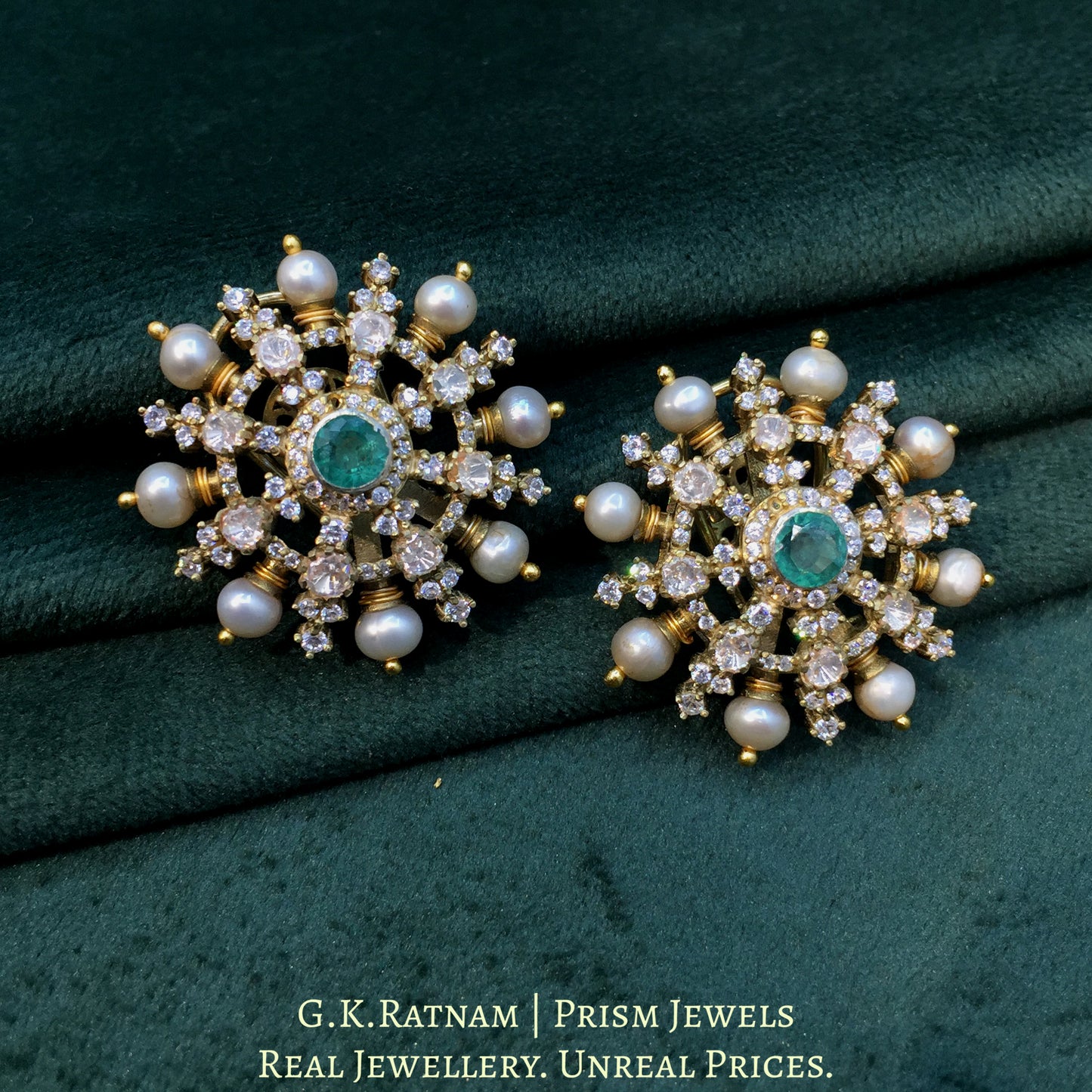 925 Silver And Moissanite Polki Karnfool Earrings With Antique Pearls - G. K. Ratnam