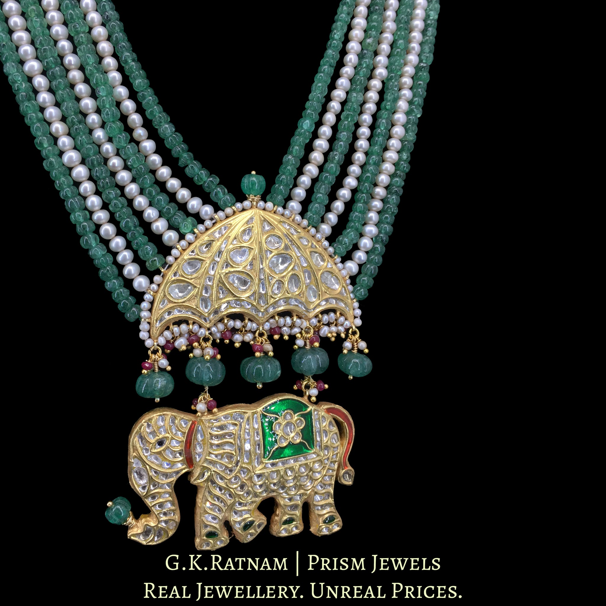23k Gold and Diamond Polki Pendant Set with Majestic Elephants