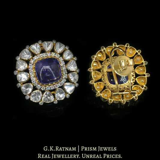 14k Gold and Diamond Polki Open Setting Karnfool Earring Pair with Lab Grown Tanzanites