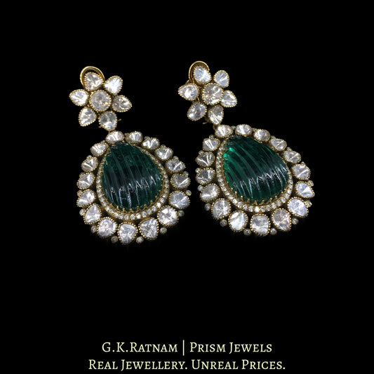 14K Gold And Diamond Polki Long Earrings With Lab Grown Emerald - G. K. Ratnam