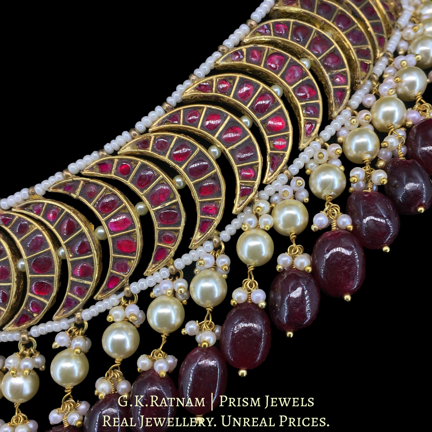 23K Gold And Diamond Polki South Style Necklace With Rubies And Pearls - G. K. Ratnam