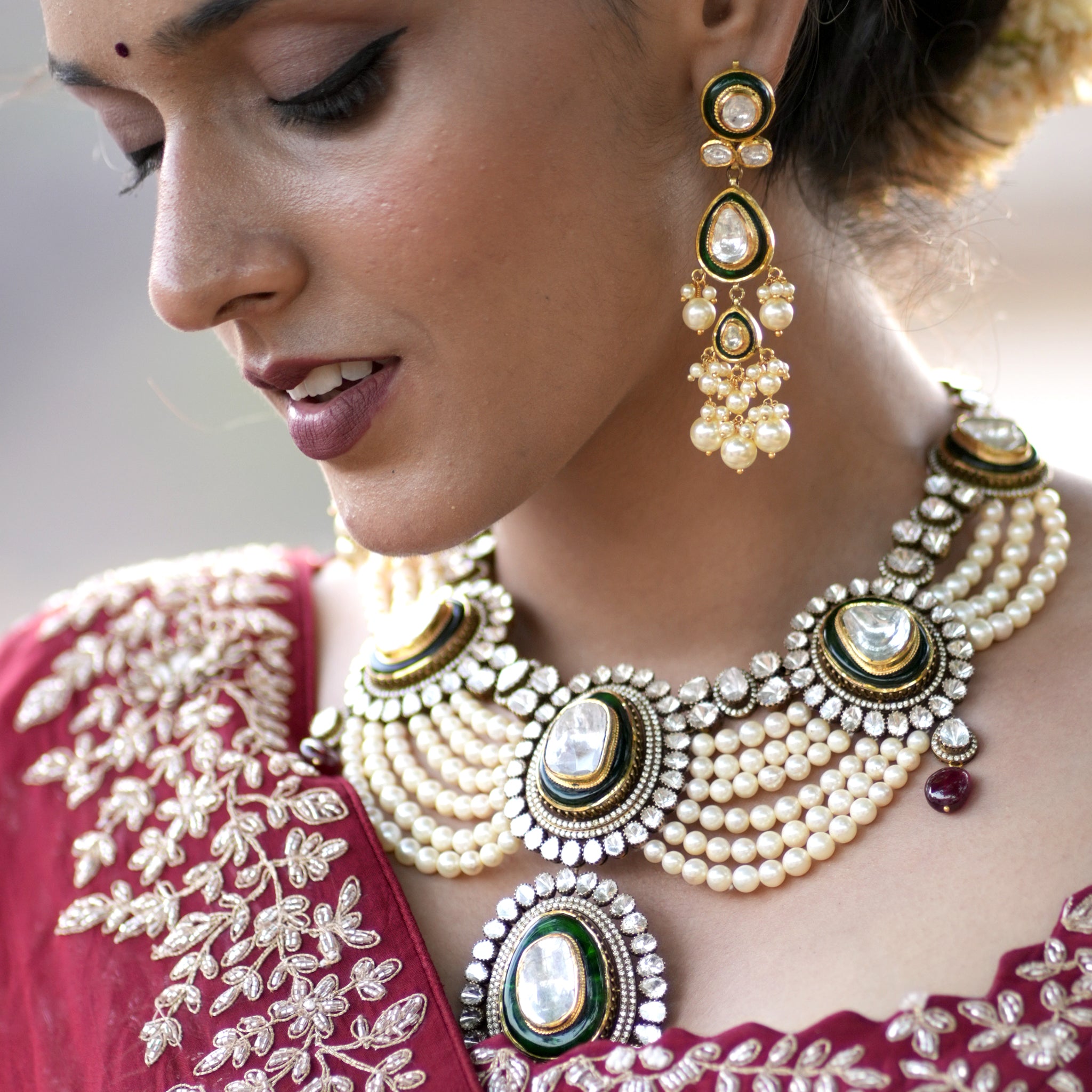 14k Gold and Diamond Polki Open Setting multi-purpose detachable Necklace in Victorian Finish