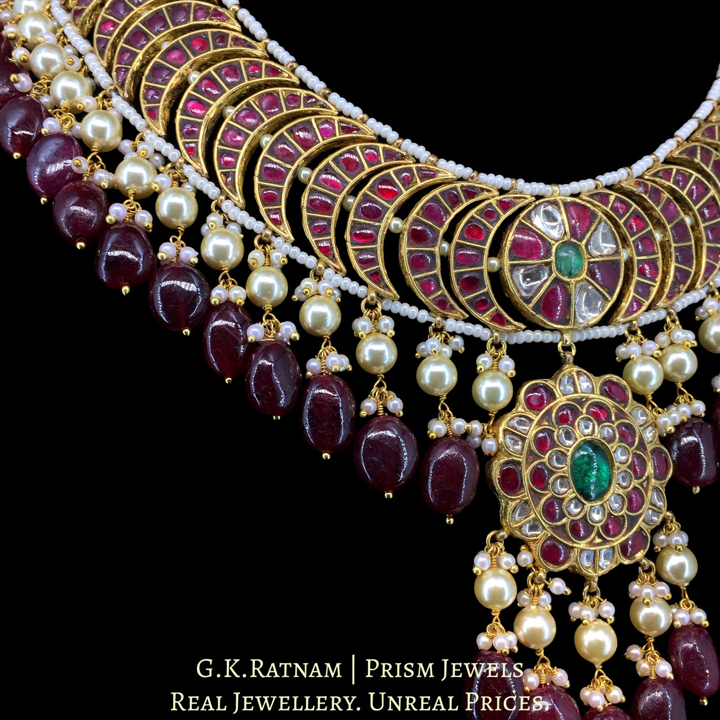 23K Gold And Diamond Polki South Style Necklace With Rubies And Pearls - G. K. Ratnam