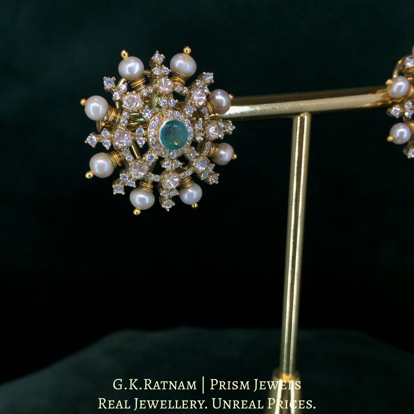 925 Silver And Moissanite Polki Karnfool Earrings With Antique Pearls - G. K. Ratnam