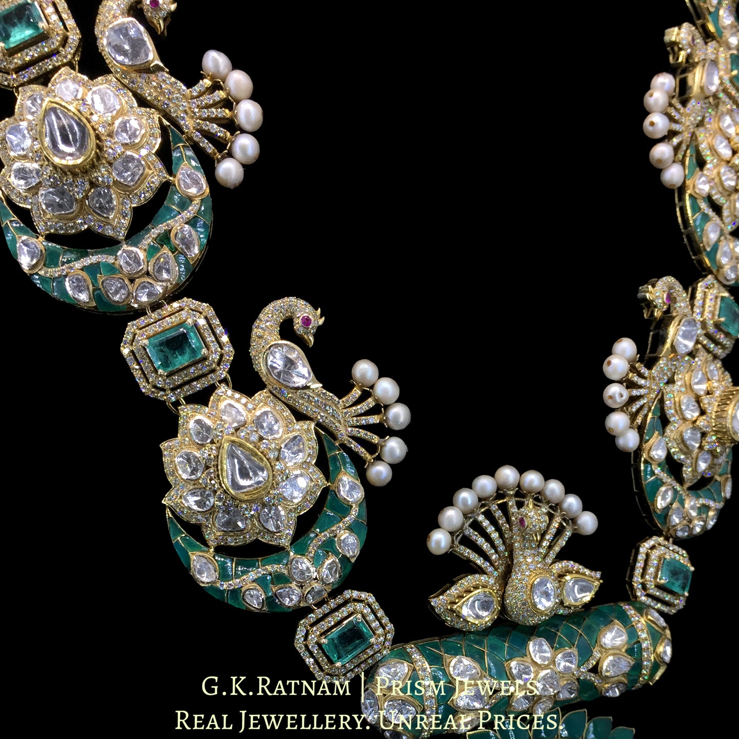 14k Gold and Diamond Polki Open Setting victorian-finish Long Necklace Set with Peacock motifs