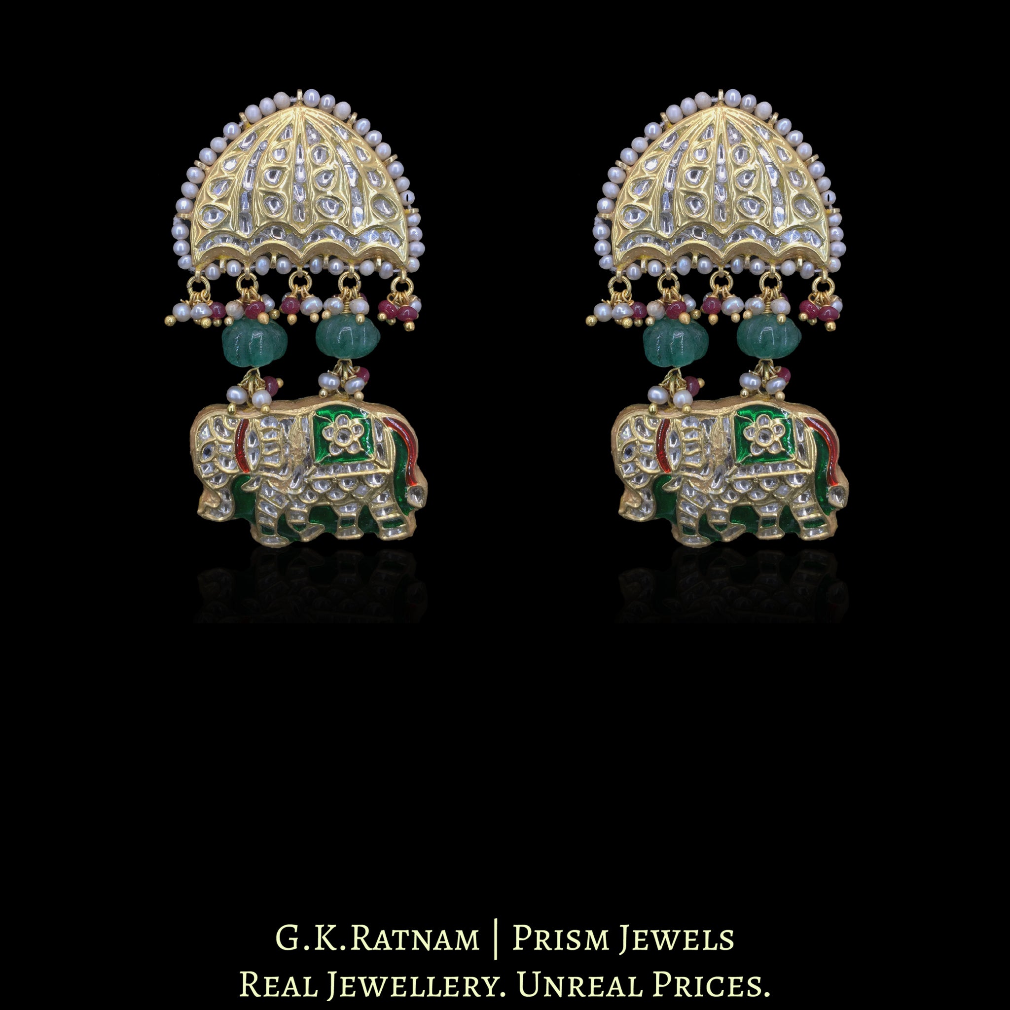 23k Gold and Diamond Polki Pendant Set with Majestic Elephants