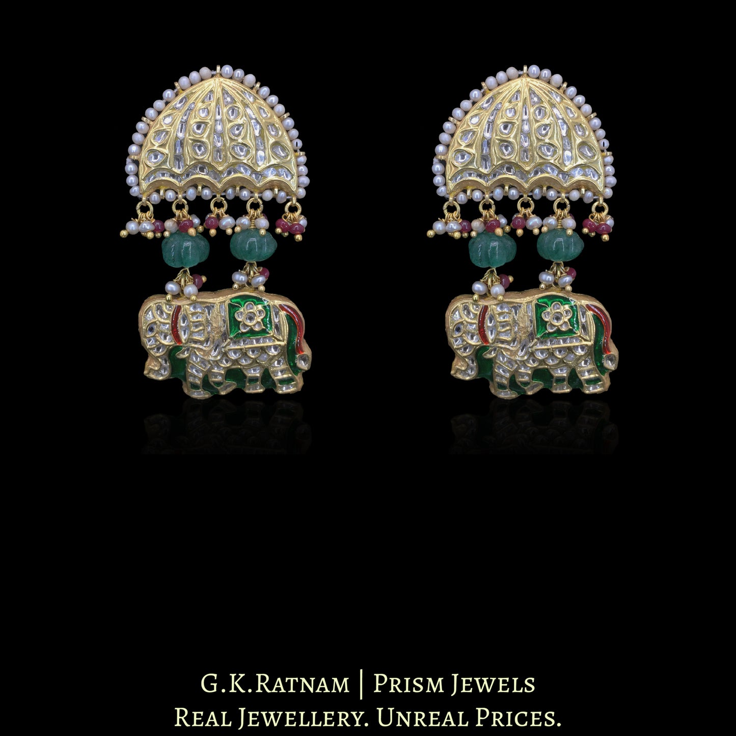 23k Gold and Diamond Polki Pendant Set with Majestic Elephants