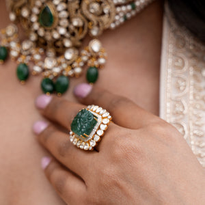 14k Gold and Diamond Polki Open Setting Ring with hand-carved Green Beryl