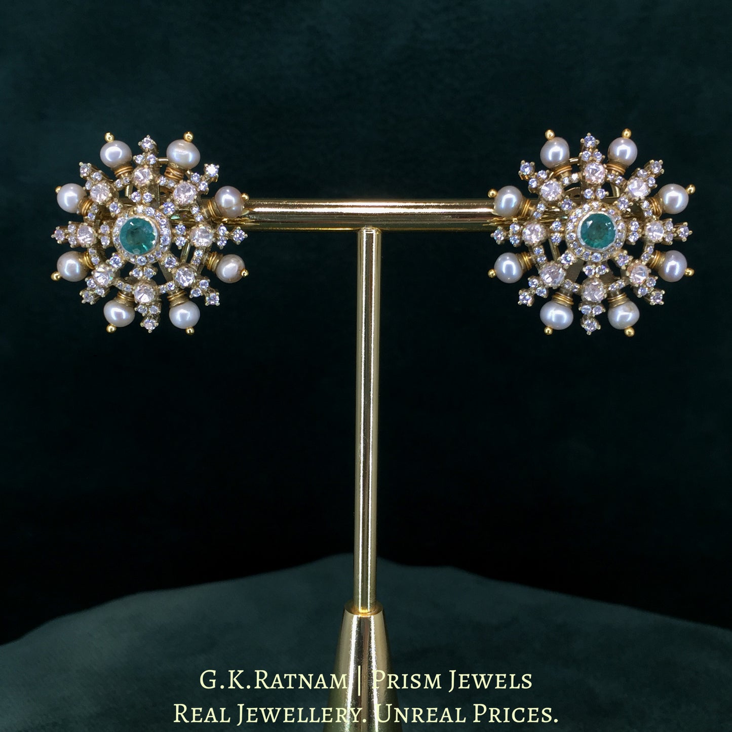 925 Silver And Moissanite Polki Karnfool Earrings With Antique Pearls - G. K. Ratnam