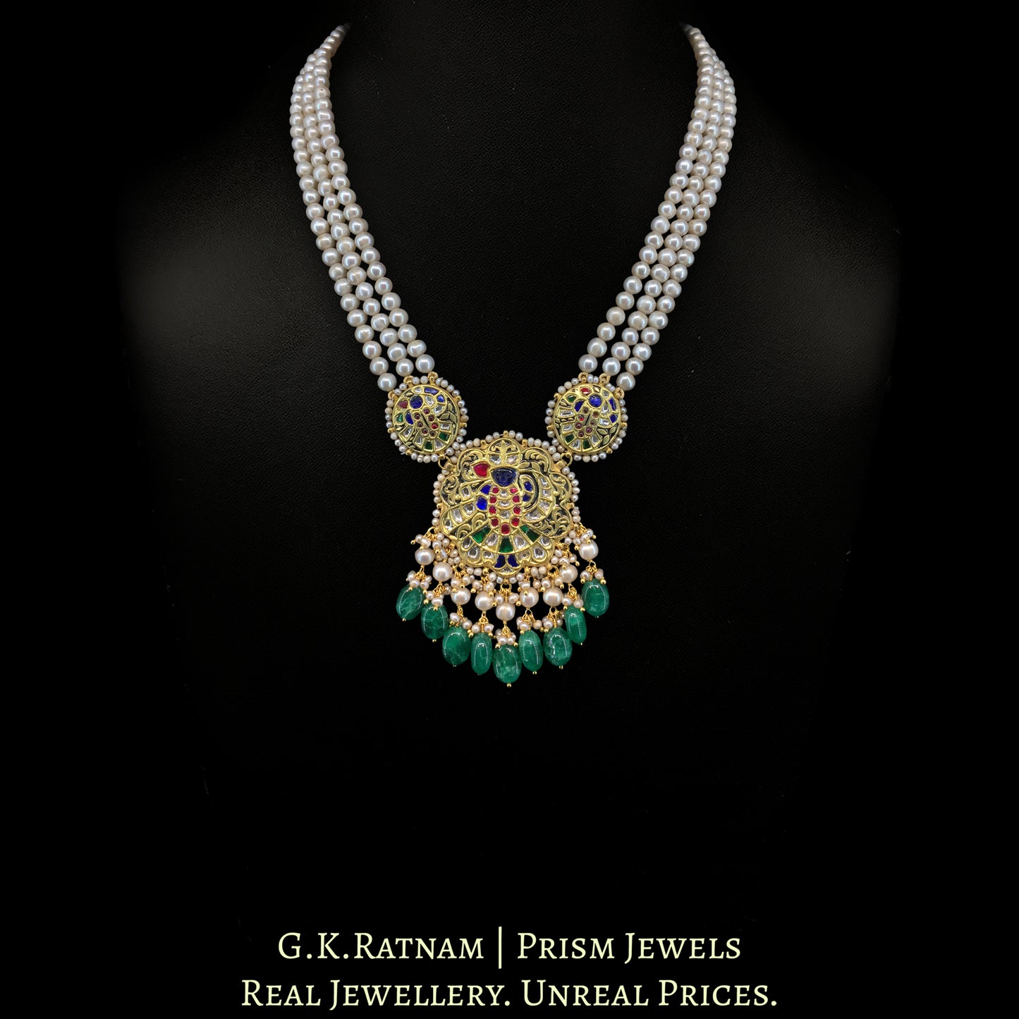 23K Gold And Diamond Polki Shrinath Ji Pendant Set With Antique Pearls & Strawberry Quartz - G. K. Ratnam