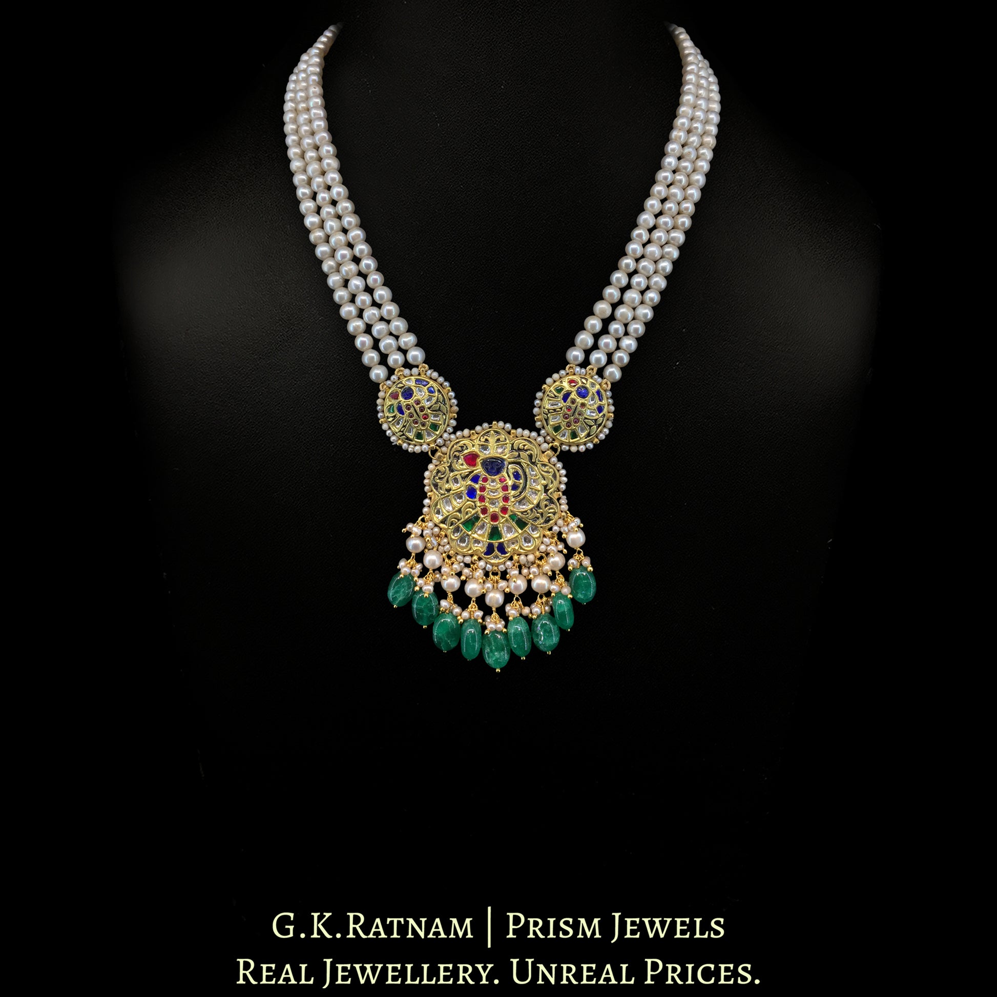 23K Gold And Diamond Polki Shrinath Ji Pendant Set With Antique Pearls & Strawberry Quartz - G. K. Ratnam