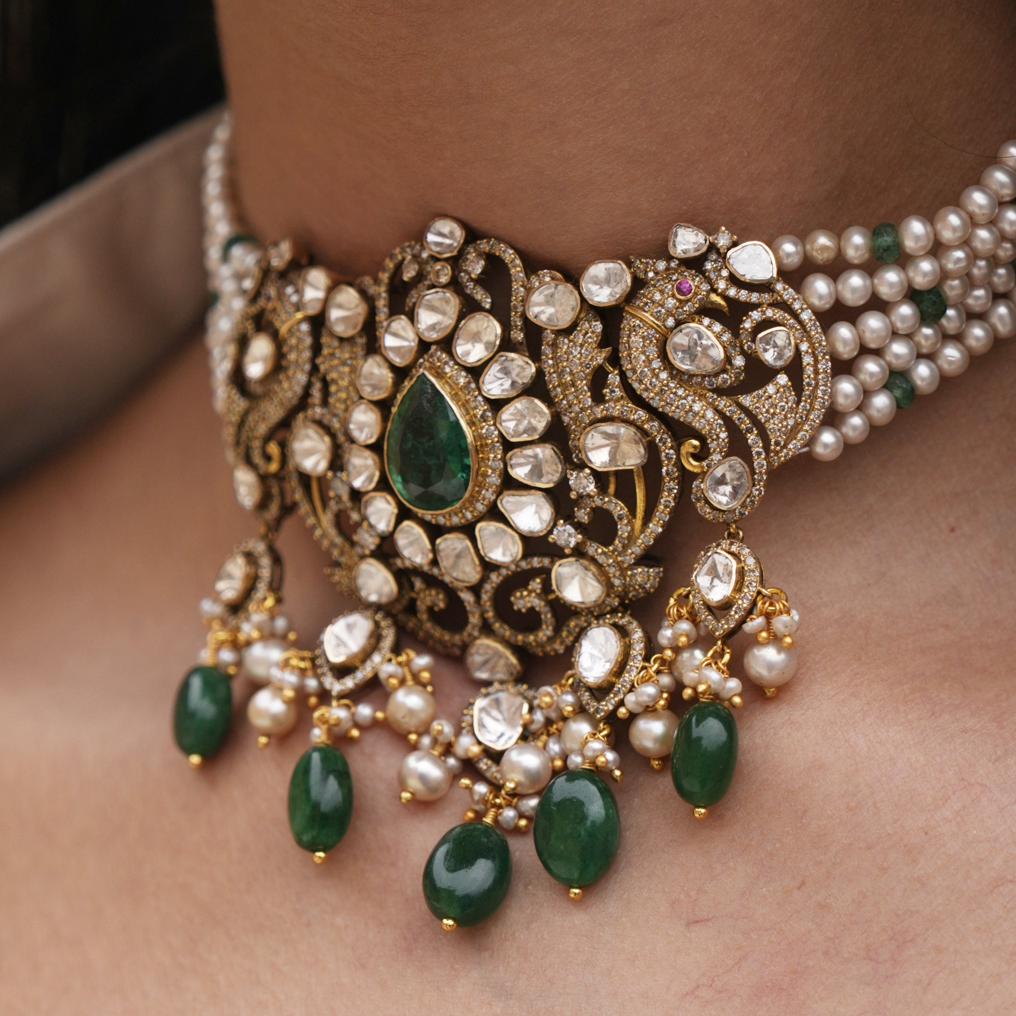 14k Gold and Diamond Polki Open Setting victorian-finish Choker Necklace Set