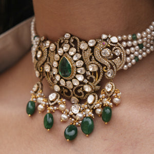 14k Gold and Diamond Polki Open Setting victorian-finish Choker Necklace Set