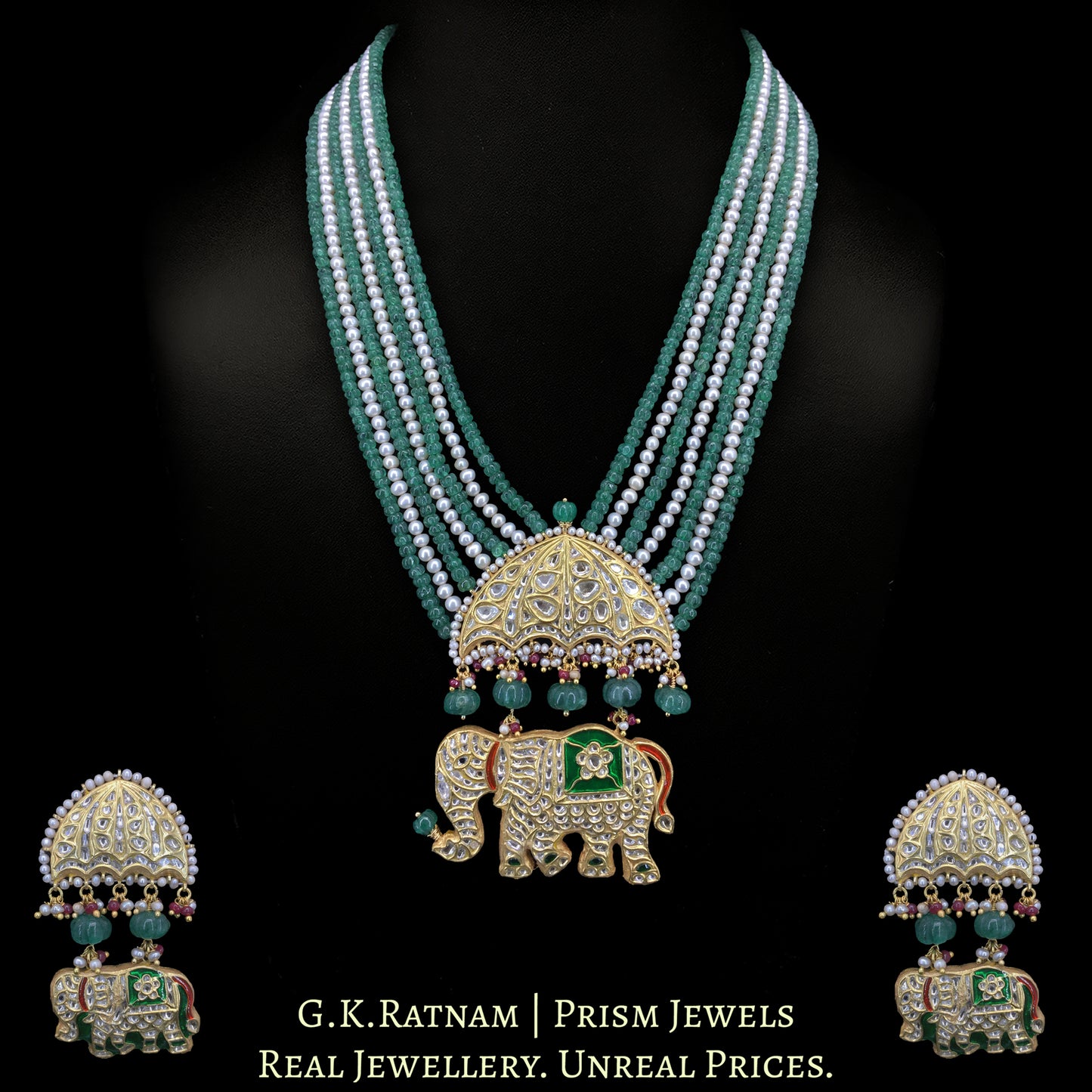 23k Gold and Diamond Polki Pendant Set with Majestic Elephants