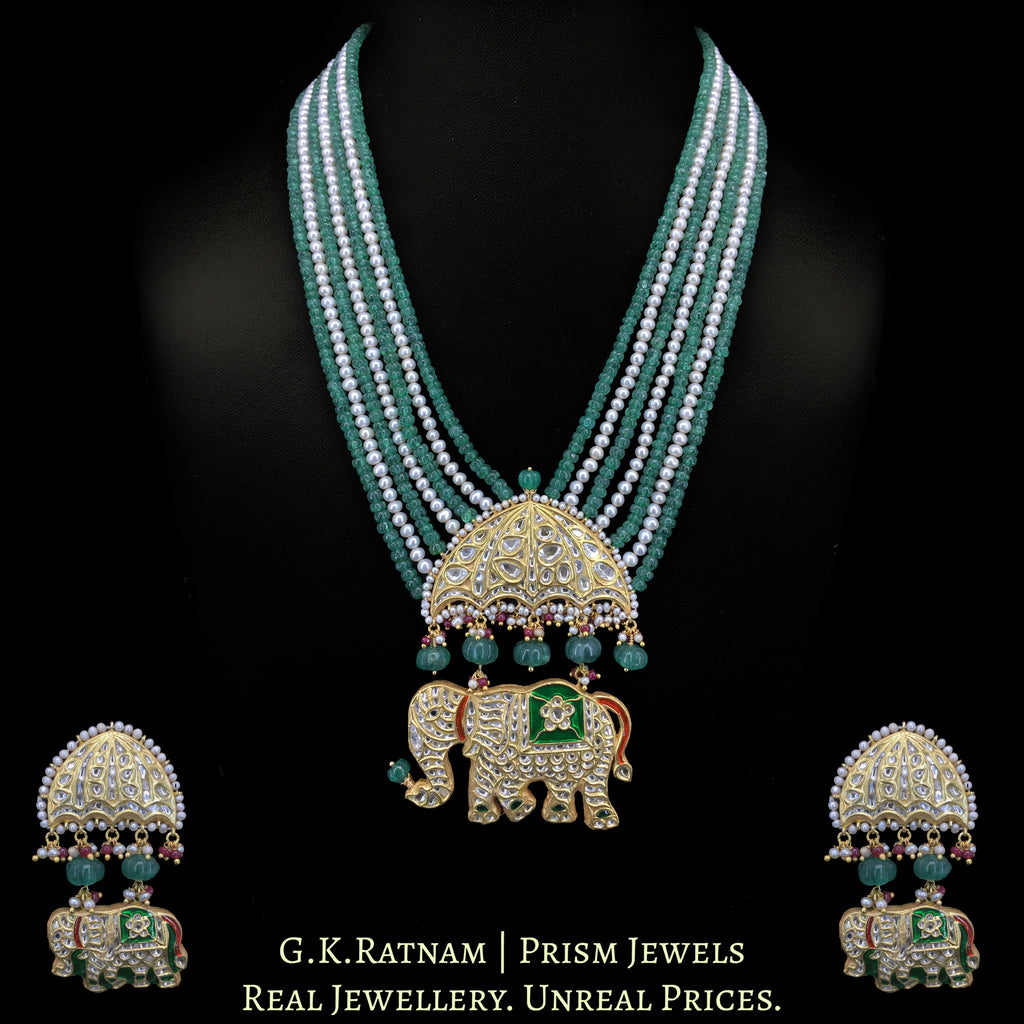 23k Gold and Diamond Polki Pendant Set with Majestic Elephants