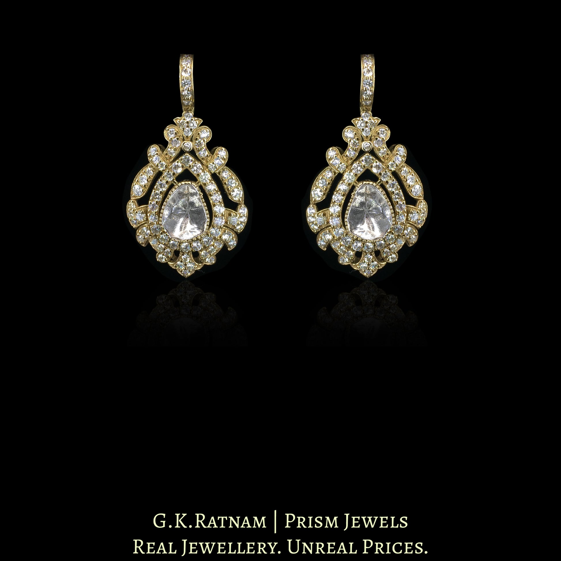 14K Gold And Diamond Polki Earrings With Antique Finish - G. K. Ratnam