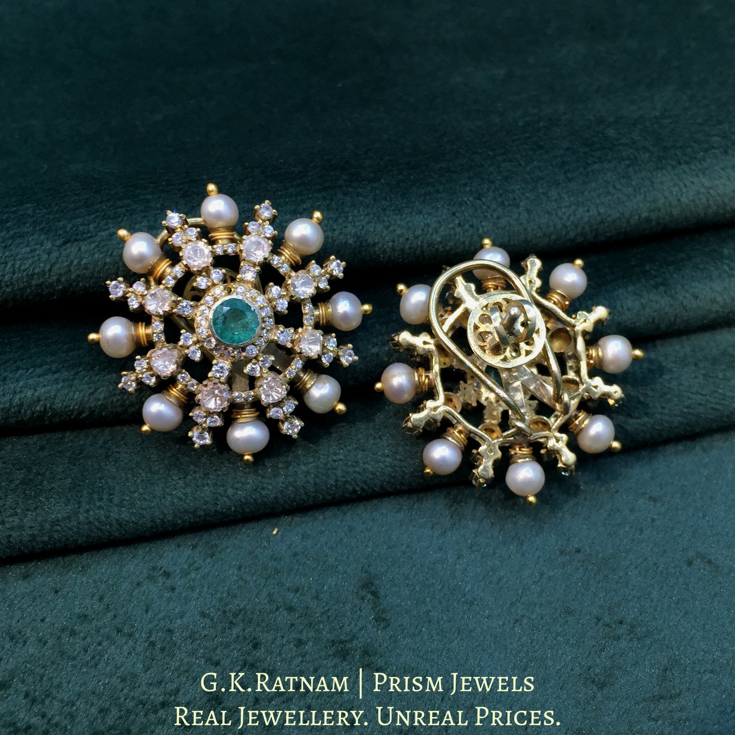 925 Silver And Moissanite Polki Karnfool Earrings With Antique Pearls - G. K. Ratnam