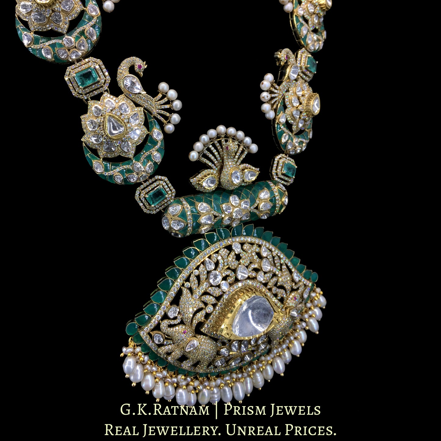 14k Gold and Diamond Polki Open Setting victorian-finish Long Necklace Set with Peacock motifs