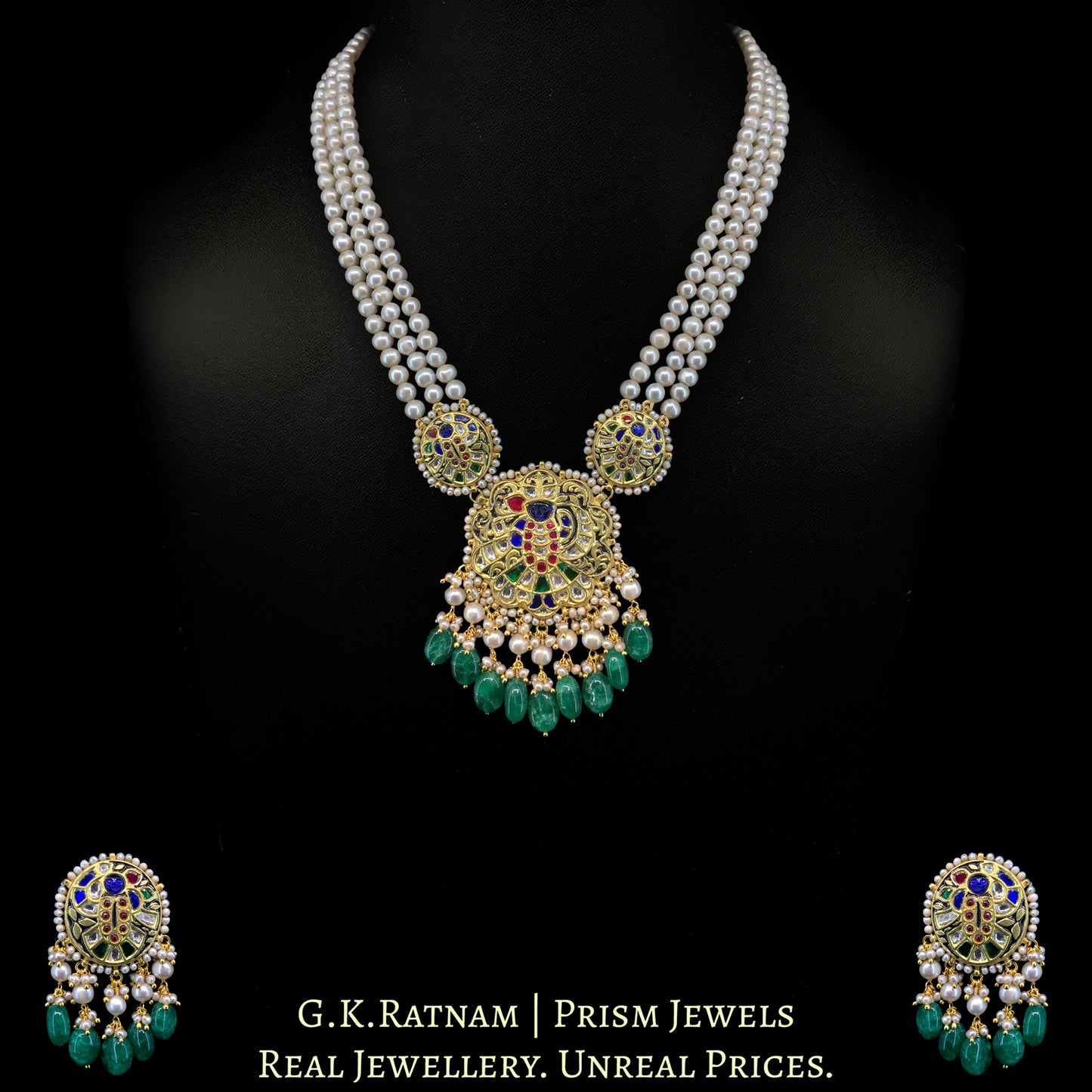 23K Gold And Diamond Polki Shrinath Ji Pendant Set With Antique Pearls & Strawberry Quartz - G. K. Ratnam