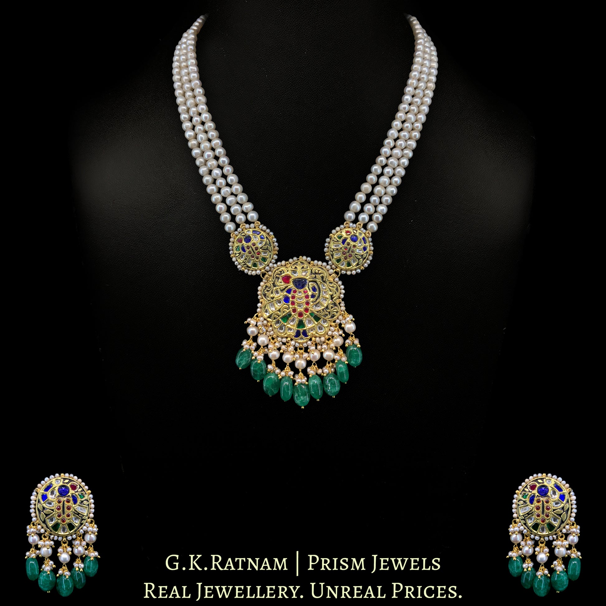 23K Gold And Diamond Polki Shrinath Ji Pendant Set With Antique Pearls & Strawberry Quartz - G. K. Ratnam