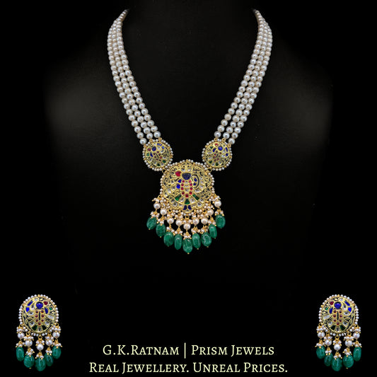 23K Gold And Diamond Polki Shrinath Ji Pendant Set With Antique Pearls & Strawberry Quartz - G. K. Ratnam