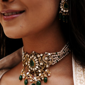14k Gold and Diamond Polki Open Setting victorian-finish Choker Necklace Set