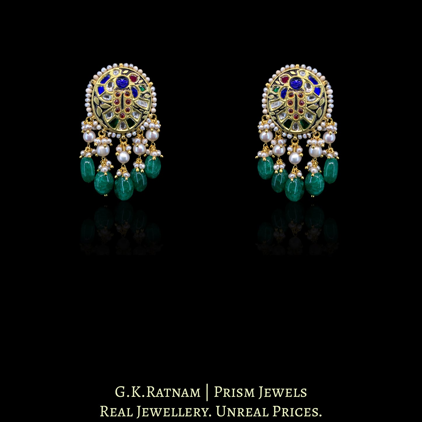 23K Gold And Diamond Polki Shrinath Ji Pendant Set With Antique Pearls & Strawberry Quartz - G. K. Ratnam