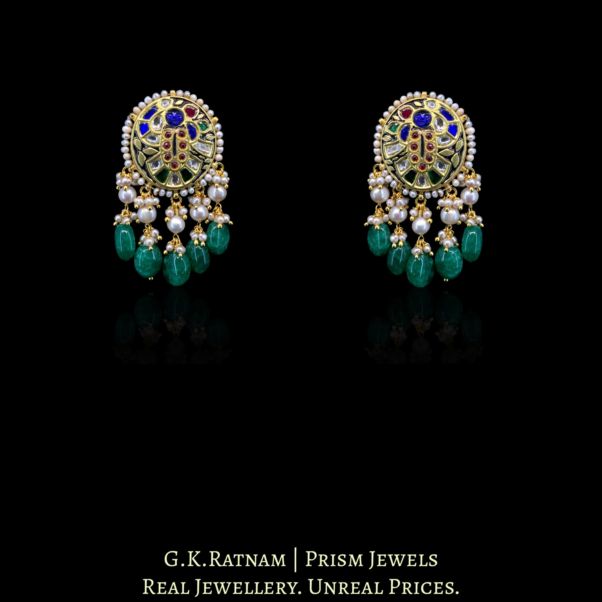 23K Gold And Diamond Polki Shrinath Ji Pendant Set With Antique Pearls & Strawberry Quartz - G. K. Ratnam