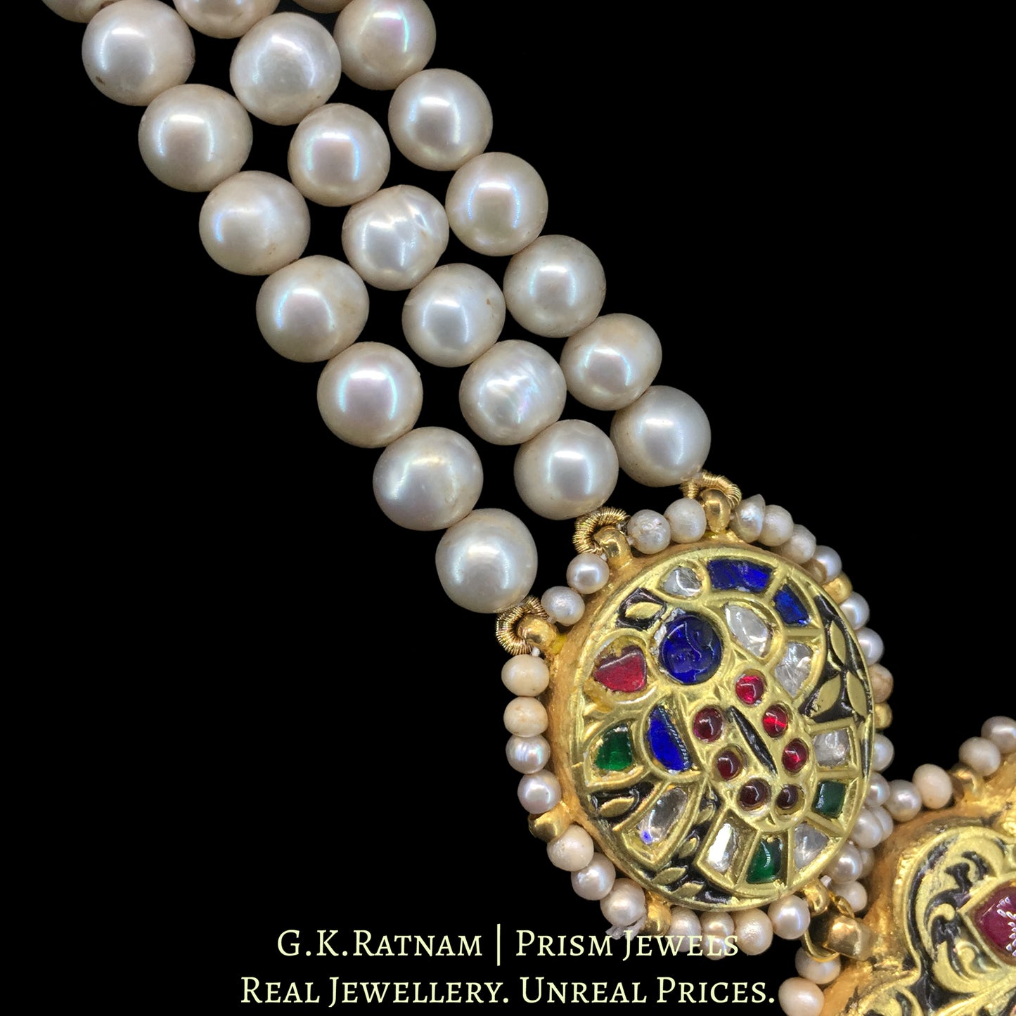23K Gold And Diamond Polki Shrinath Ji Pendant Set With Antique Pearls & Strawberry Quartz - G. K. Ratnam