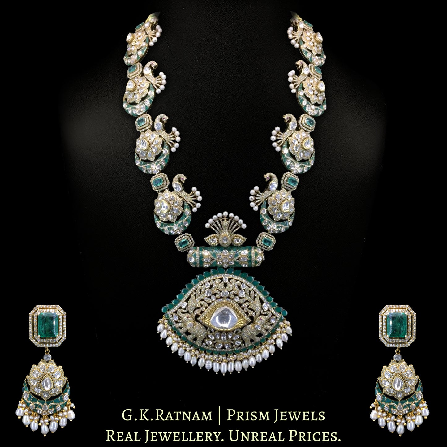 14k Gold and Diamond Polki Open Setting victorian-finish Long Necklace Set with Peacock motifs