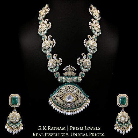 14k Gold and Diamond Polki Open Setting victorian-finish Long Necklace Set with Peacock motifs - G. K. Ratnam