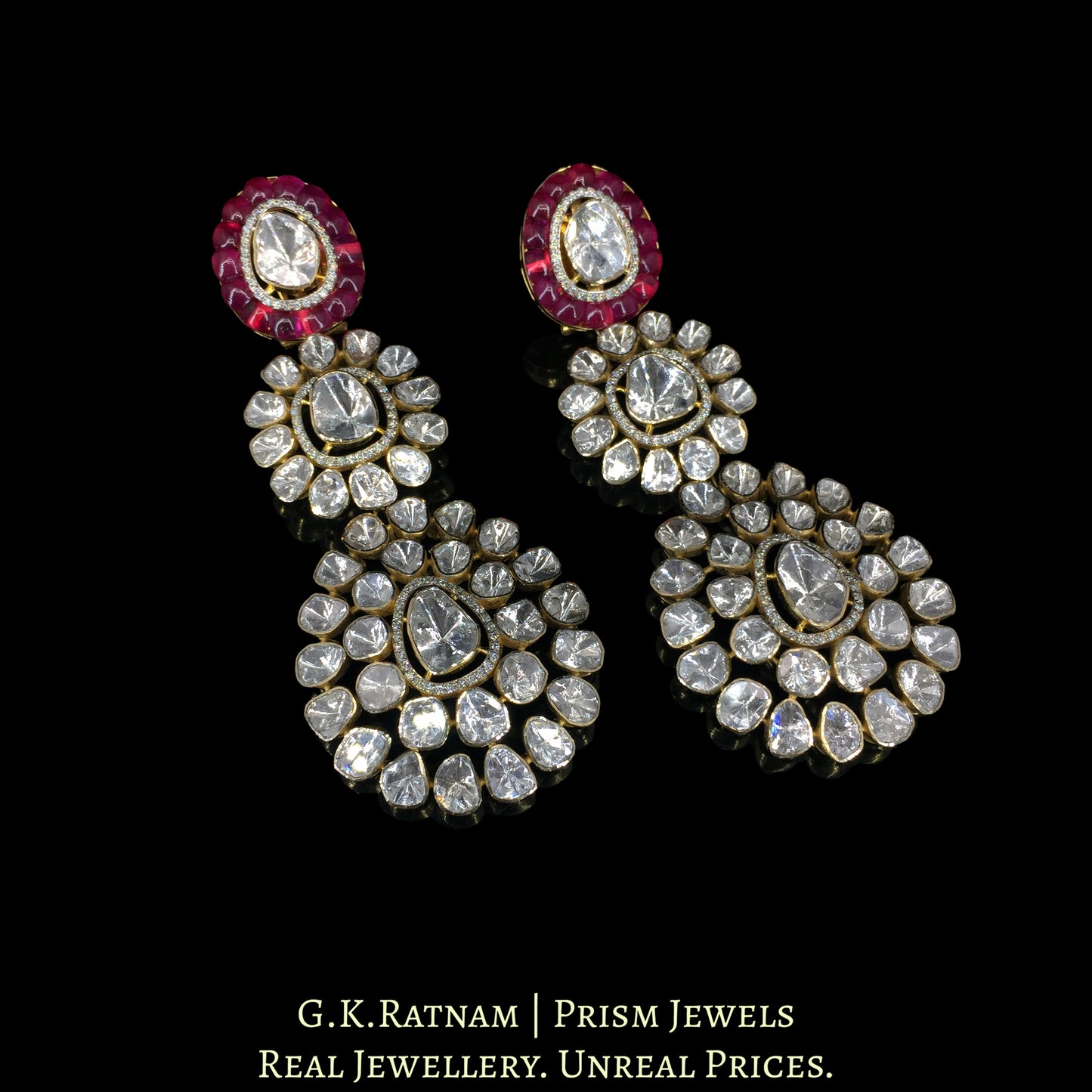 14K Gold And Diamond Polki Open Setting Long Earrings With Rubies - G. K. Ratnam