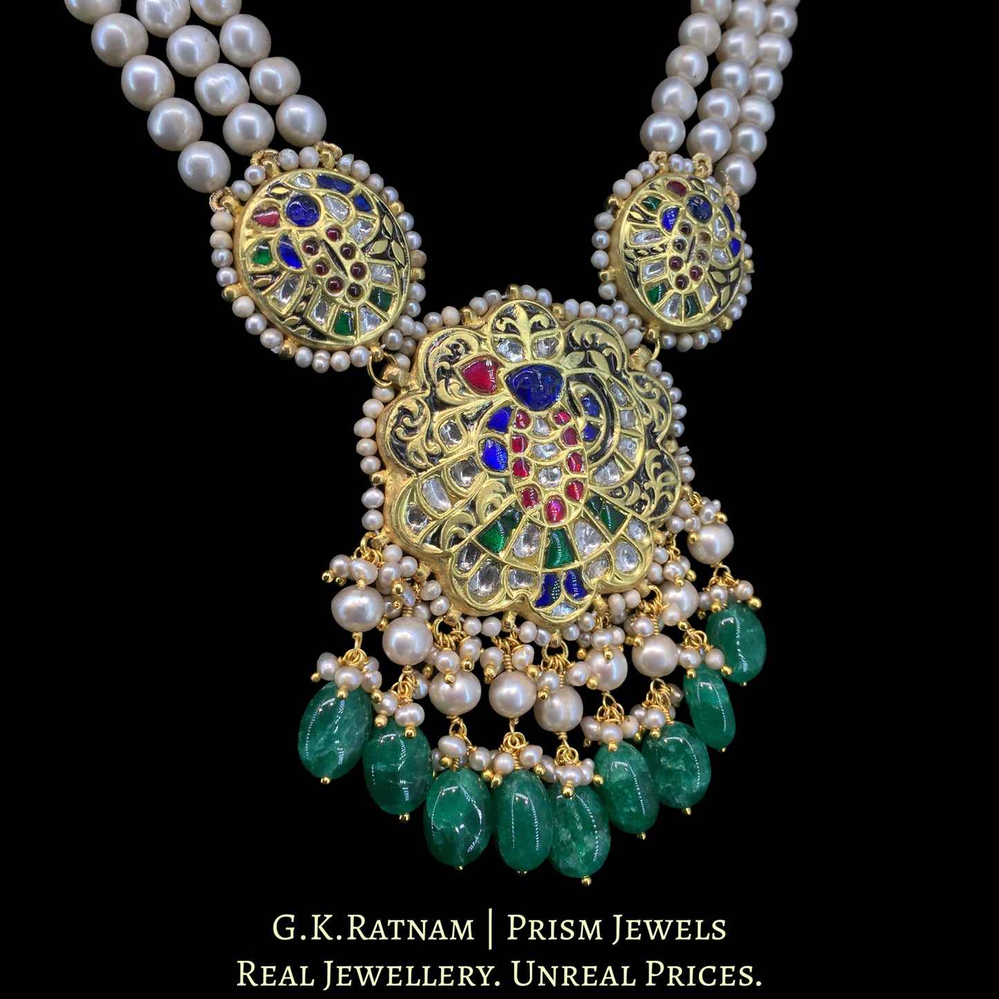 23K Gold And Diamond Polki Shrinath Ji Pendant Set With Antique Pearls & Strawberry Quartz - G. K. Ratnam