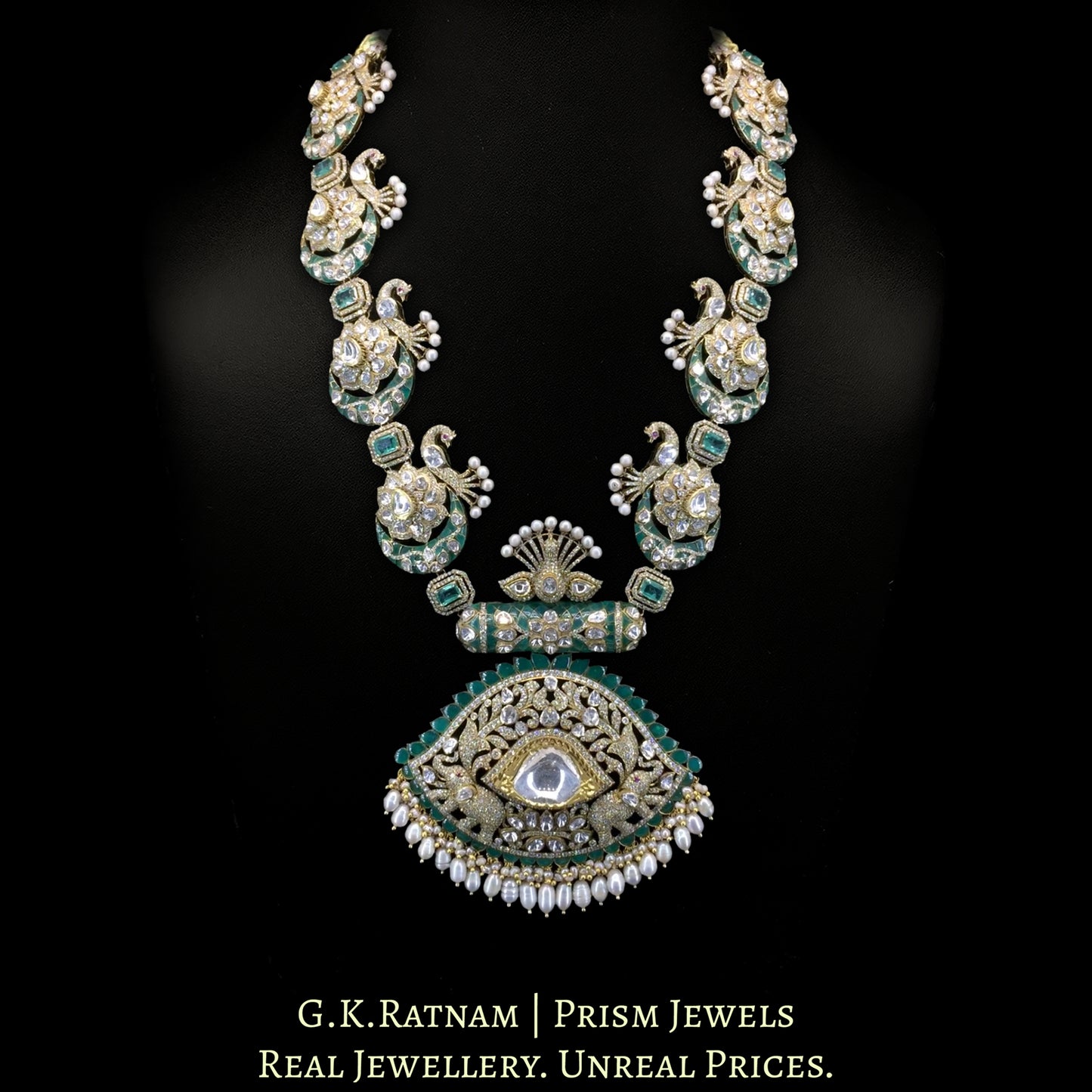 14k Gold and Diamond Polki Open Setting victorian-finish Long Necklace Set with Peacock motifs