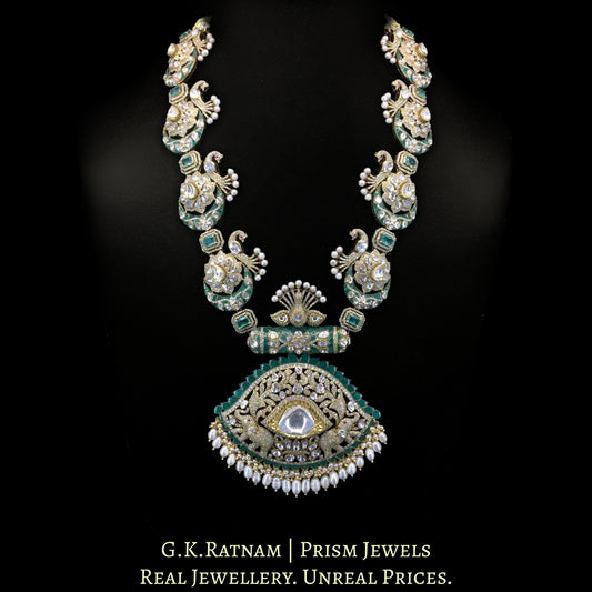 14k Gold and Diamond Polki Open Setting victorian-finish Long Necklace Set with Peacock motifs - G. K. Ratnam