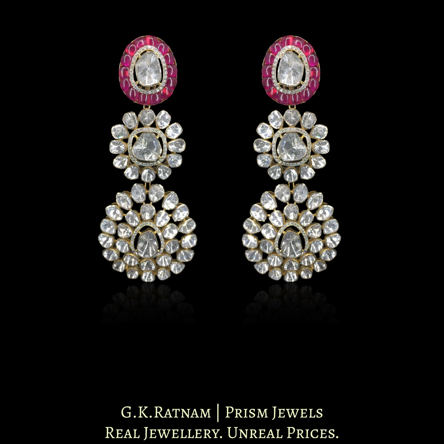 14K Gold And Diamond Polki Open Setting Long Earrings With Rubies - G. K. Ratnam