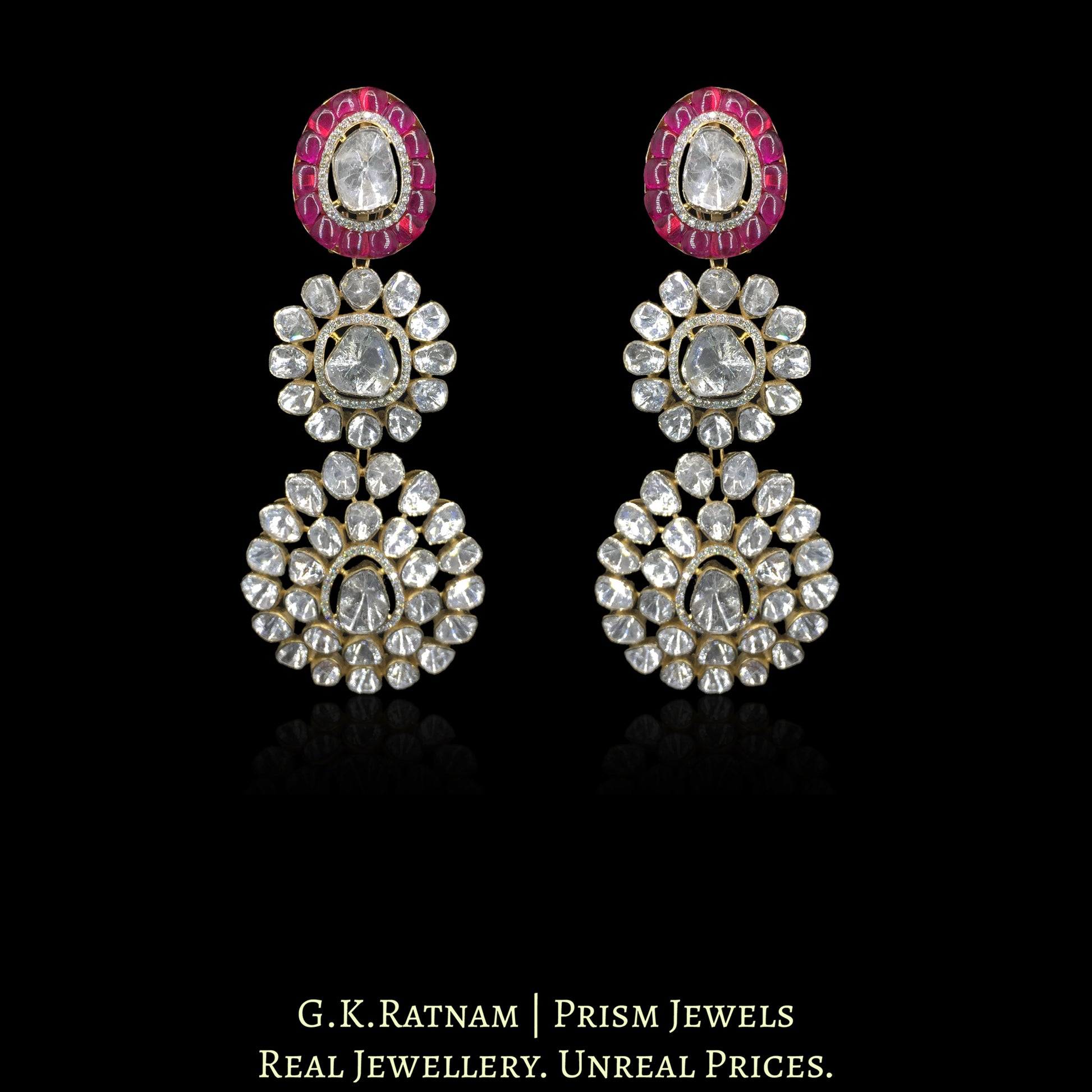 14K Gold And Diamond Polki Open Setting Long Earrings With Rubies - G. K. Ratnam