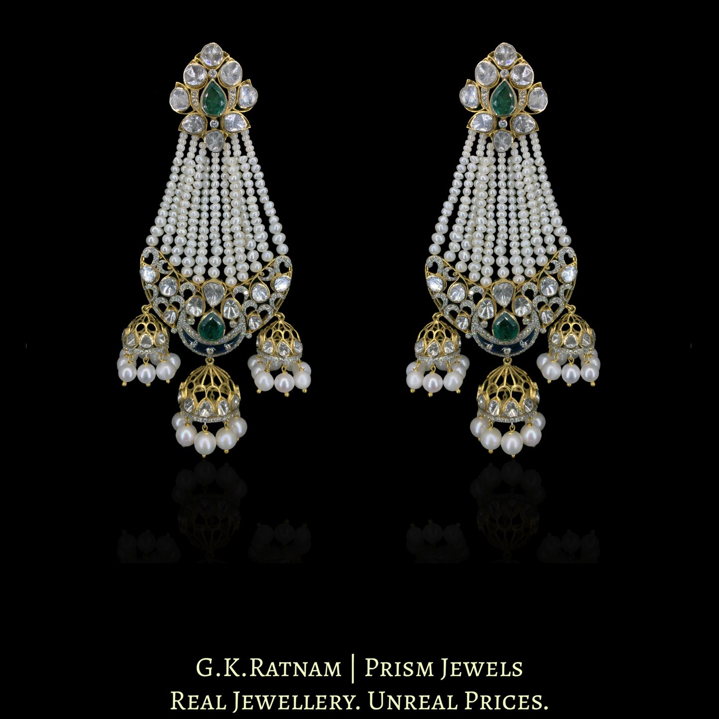 14K Gold And Diamond Polki Open Setting Long Earrings With Pearls And Lab Grown Emeralds - G. K. Ratnam