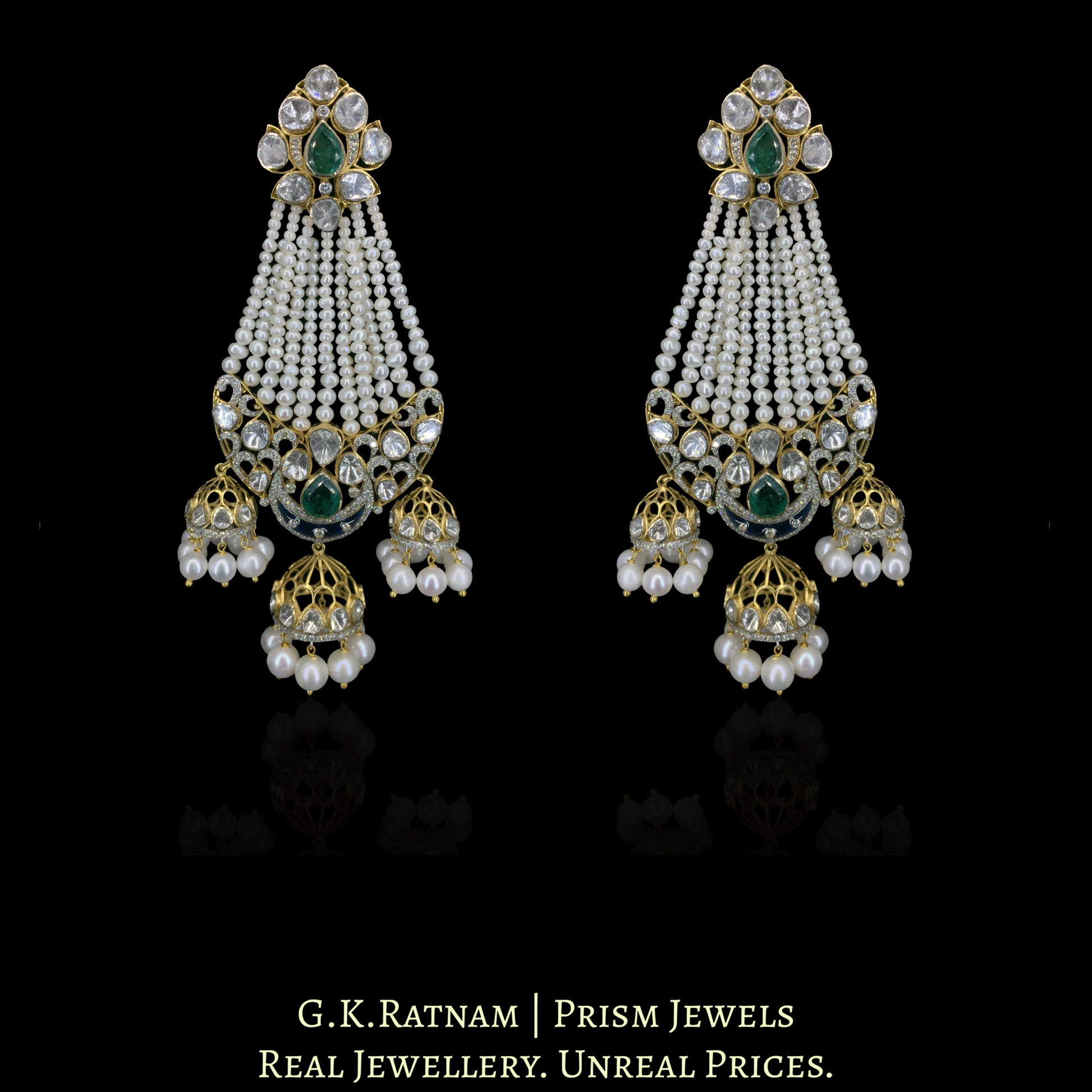 14K Gold And Diamond Polki Open Setting Long Earrings With Pearls And Lab Grown Emeralds - G. K. Ratnam