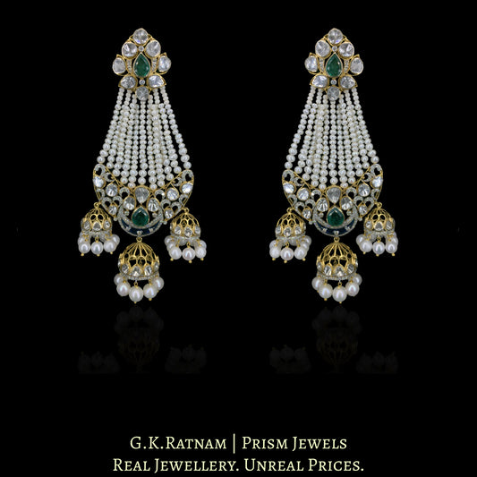 14K Gold And Diamond Polki Open Setting Long Earrings With Pearls And Lab Grown Emeralds - G. K. Ratnam