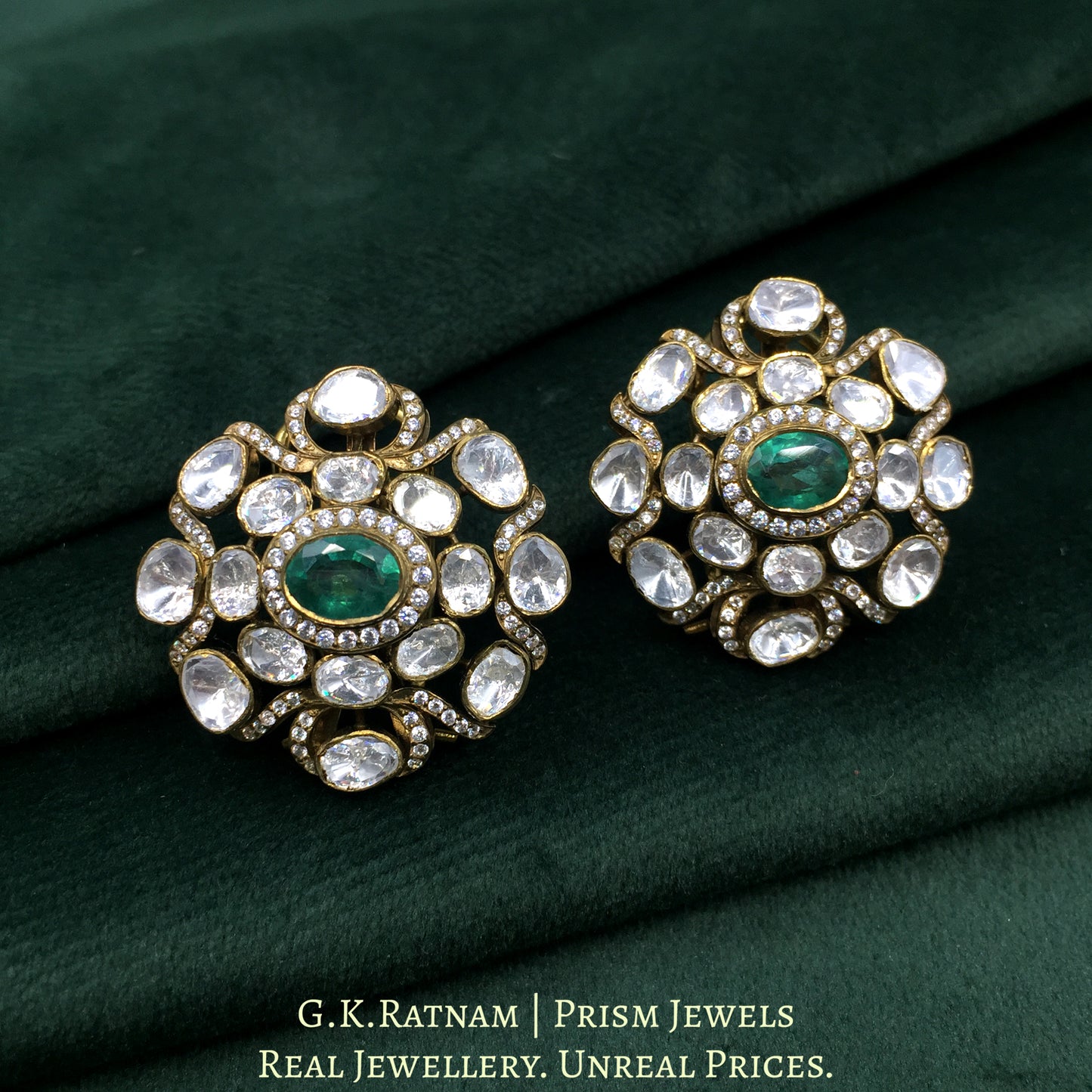 925 Silver Moissanite Polki Karnfool Earrings With Lab grown Emerald - G. K. Ratnam