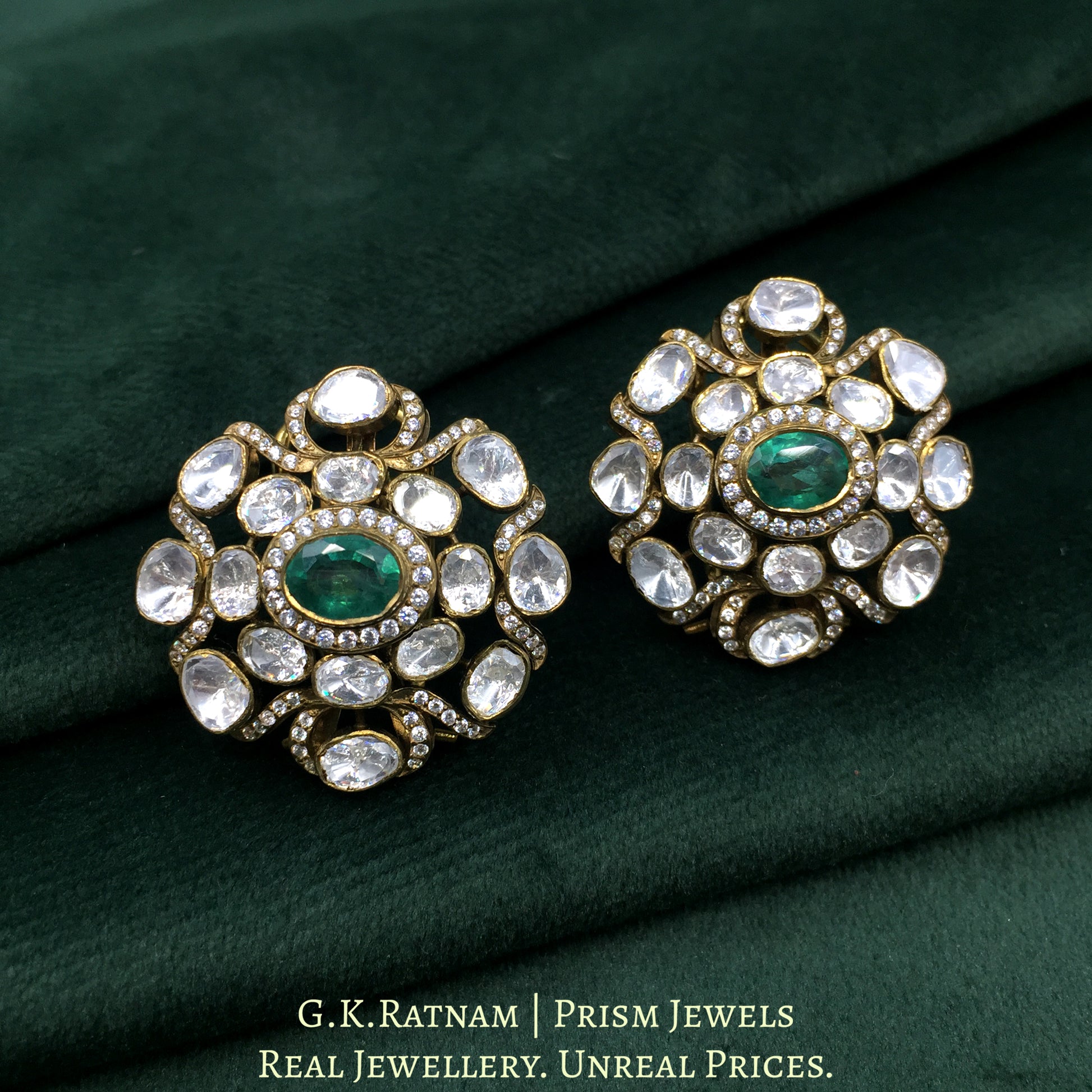 925 Silver Moissanite Polki Karnfool Earrings With Lab grown Emerald - G. K. Ratnam