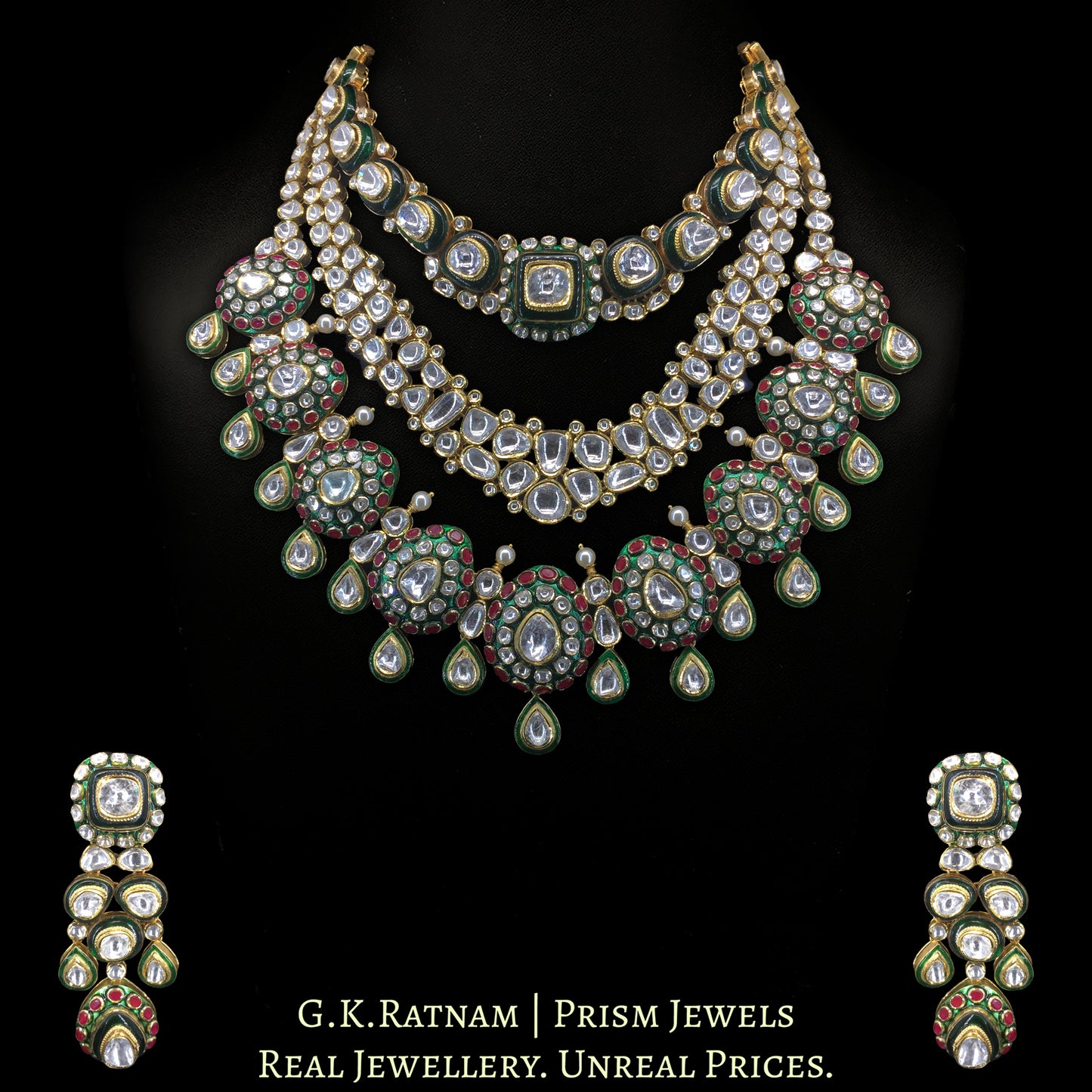 18K Gold And Diamond Polki Big 3 Line Necklace Set With Green Chudi - G. K. Ratnam