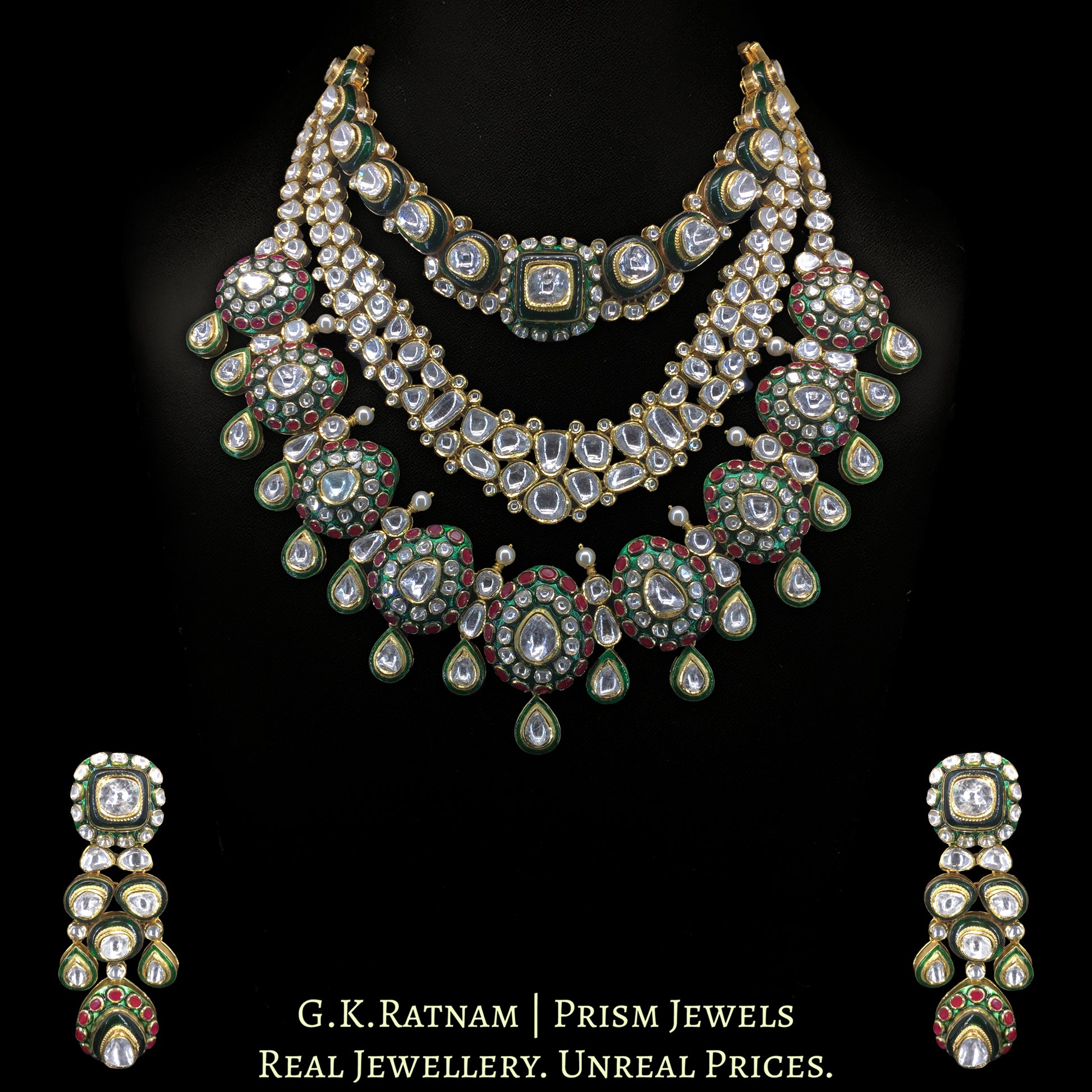 18K Gold And Diamond Polki Big 3 Line Necklace Set With Green Chudi - G. K. Ratnam