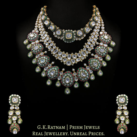 18K Gold And Diamond Polki Big 3 Line Necklace Set With Green Chudi - G. K. Ratnam